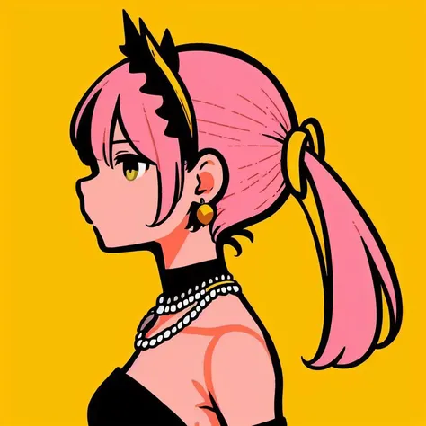 (yellow theme, yellow background),1girl, solo, simple background, masterpiece, from side, profile, high contrast, <lora:miyoshi_yoshimi-23:1> miyoshi_yoshimi, pink hair, twintails, tiara, dress, necklace, earring, circlet, detached sleeves, strapless