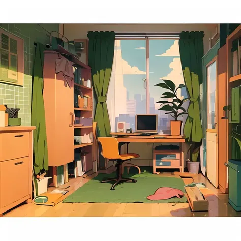 (green theme:1.3),  masterpiece, high contrast, 
<lora:miyoshi_yoshimi-23:1> miyoshi_yoshimi, 
bedroom, clutter, clothes, bed, desk, plant, window