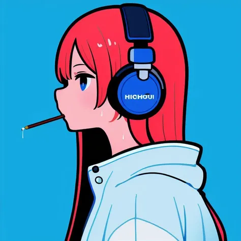 (blue theme, blue background),1girl, solo, simple background, masterpiece, from side, profile, high contrast, <lora:miyoshi_yoshimi-23:1> miyoshi_yoshimi, raincoat, red hair, headphones, pocky in mouth, very long hair