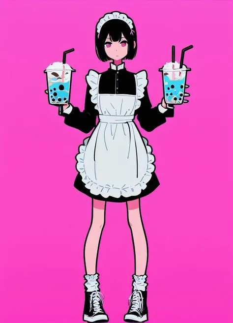 (bright pink background:1.2),1girl, solo, simple background, masterpiece, looking at viewer, standing, full body, high contrast, <lora:miyoshi_yoshimi-23:1> miyoshi_yoshimi, hair between eyes, bob cut, black hair, maid, maid headdress, apron, white oversized socks, frills, sneakers, long skirt, (holding bubble tea)