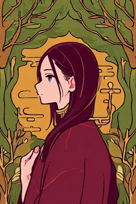 woman in a mythical forest, masterpiece, perfect face, intricate details, horror theme <lora:miyoshi_yoshimi-22:0.8> (miyoshi_yoshimi) simple background, from side