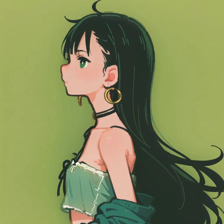 (green theme, green background),1girl, solo,  simple background,   masterpiece,
from side, profile, high contrast,
<lora:miyoshi_yoshimi-23:1> miyoshi_yoshimi, black hair, bare shoulders, bandeau, choker, green eyes, hoop earrings, long hair