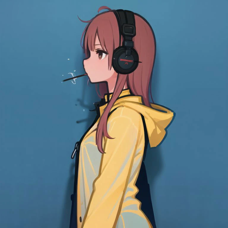 (blue theme, blue background),1girl, solo,  simple background,   masterpiece,
from side, profile, high contrast,
<lora:miyoshi_yoshimi-23:1> miyoshi_yoshimi, raincoat, red hair, headphones, pocky in mouth, very long hair