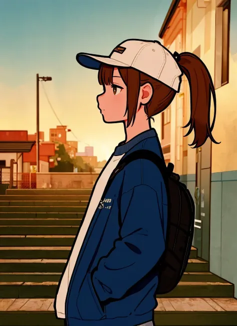 1girl, town, standing, white baseball_cap, light blue jacket, side view, upper body portrait, ponytail, 
 <lyco:YoshimiyoshiStyle:0.75>miyoshi_yoshimi,