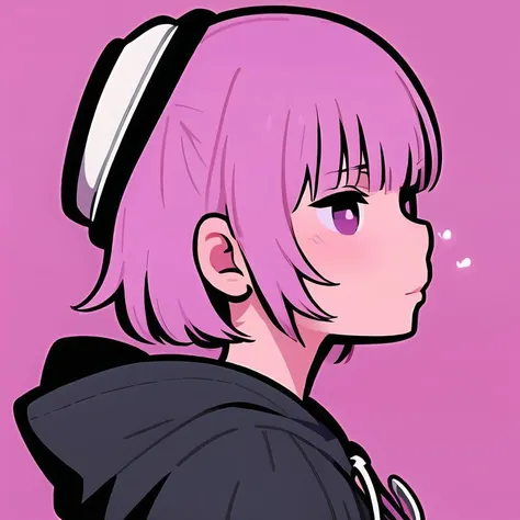 (pink theme), masterpiece,<lora:miyoshi_yoshimi-23:1> miyoshi_yoshimi, 1girl, solo, short hair, bangs, simple background, hat, purple eyes, upper body, pink hair, hood, blunt bangs, pink eyes, from side, hoodie, profile, pink background, hood down, beanie, drawstring, pink headwear,
<lora:M0`S0_00F_v2-20:.8> mda_starou