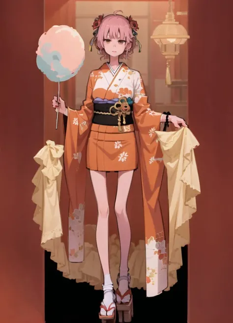 (red theme, red background),1girl, solo, simple background, masterpiece,
looking at viewer, standing, full body, high contrast,
<lora:miyoshi_yoshimi-23:1> miyoshi_yoshimi, kimono, hair ornament, black clothes, geta, (holding cotton candy)
