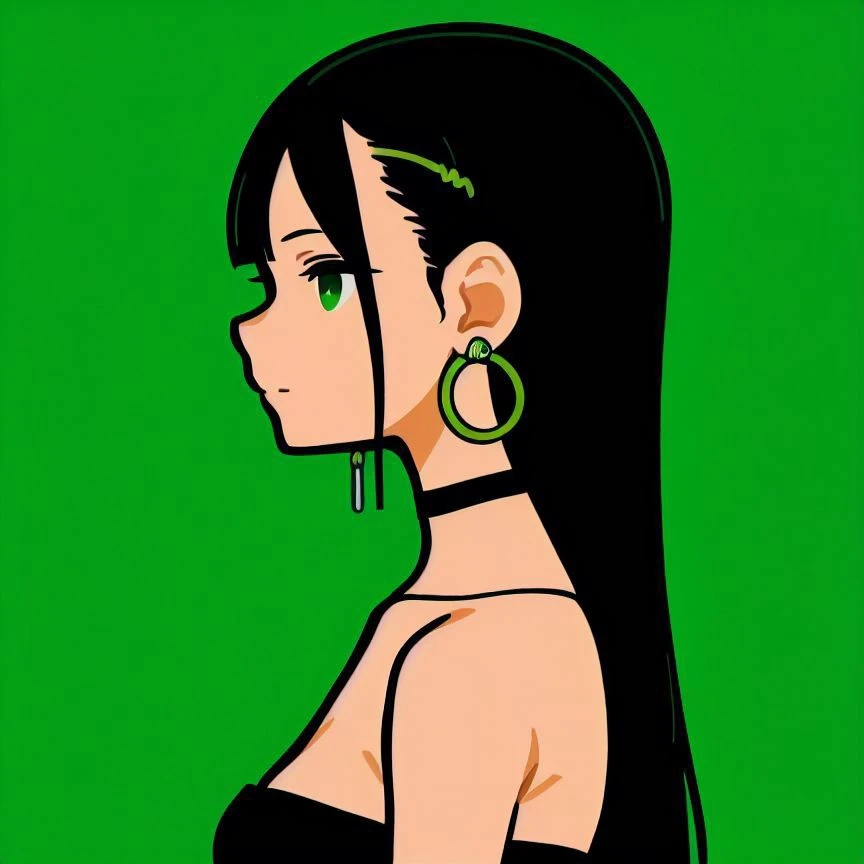 (green theme, green background),1girl, solo, simple background, masterpiece, from side, profile, high contrast, <lora:miyoshi_yoshimi-23:1> miyoshi_yoshimi, black hair, bare shoulders, bandeau, choker, green eyes, hoop earrings, long hair