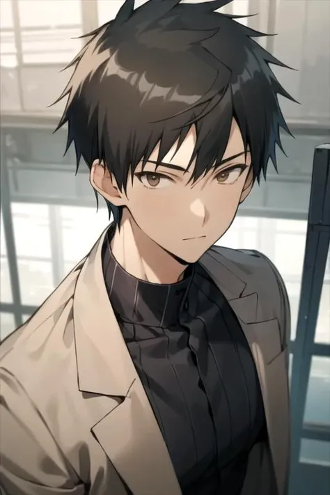 masterpiece, best quality, movie still, 1boy, solo, male focus, looking at viewer, upper body, depth of field, , realistic, <lora:tsurayuki_rokuonji:0.80>, tsurayuki_rokuonji, black hair, brown eyes, , hangar, 16k resolution