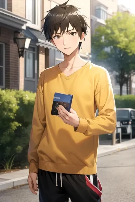 masterpiece, best quality, movie still, 1boy, solo, male focus, looking at viewer, , depth of field, ligne claire, , <lora:tsurayuki_rokuonji:0.72>, tsurayuki_rokuonji, black hair, brown eyes, joggers, , , HD-DVD