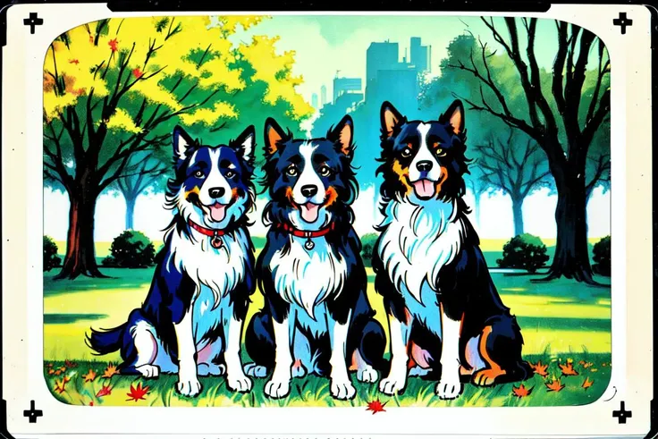 border collie, no humans, dog, happy, summer time, park setting, maple tree, friendly environment, PolaroidFilter