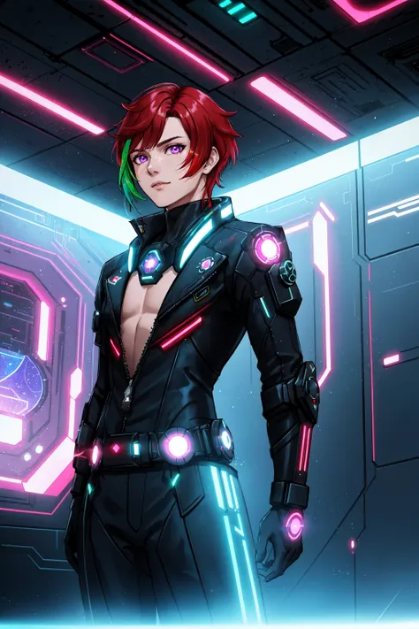 (masterpiece,official art, best illustration, extreme light and shadow), 1boy, solo, transgender male, flat chest, red hair, green hair, style of Genshin impact, hoyoverse, purple eyes, two tone hair, depth of field, standing in a spaceship, (cyberpunk:1.2), (lens flare, light leak, prismastic), close up, (sci-fi:1.5), shiny skin, cg, (sidelighting), (rim lighting) NeonLighting