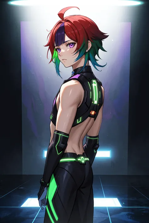 (masterpiece, official art, best illustration, extreme light and shadow), 1boy, solo, transgender male, flat chest, red hair, green hair, style of Genshin impact, hoyoverse, kawaii, anime, purple eyes, two tone hair, depth of field, standing in a spaceship, close up, shiny skin, NeonLighting