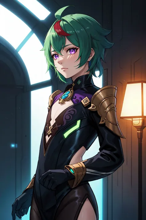 (masterpiece, official art, best illustration, extreme light and shadow), 1boy, solo, transgender male, flat chest, red hair, green hair, style of Genshin impact, hoyoverse, kawaii, anime, purple eyes, two tone hair, depth of field, standing in a spaceship, close up, shiny skin, NeonLightingScene