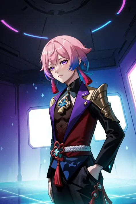 (masterpiece, official art, best illustration, extreme light and shadow), 1boy, solo, transgender male, flat chest, purple hair, pink hair, style of Genshin impact, hoyoverse, mihoyo, ((Genshin Impact)), kawaii, anime, purple eyes, two tone hair, depth of field, standing in a spaceship, close up, shiny skin, Scene NeonLighting NeonLightingScene