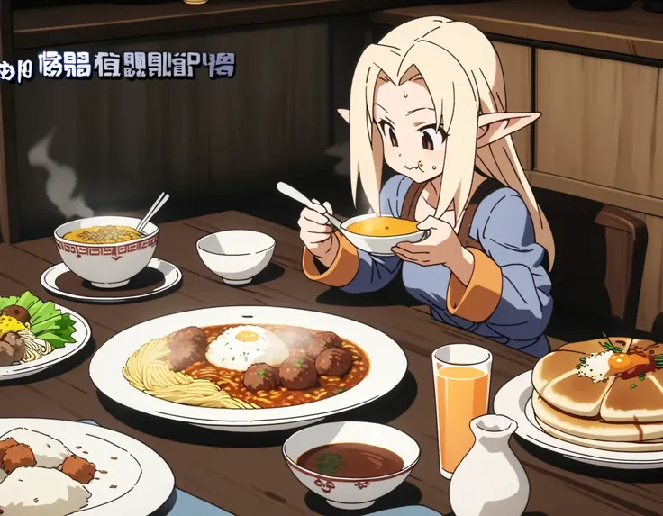 1girl,solo,
elf girl from final fantasy tactics,
casual wear,
sweat,
eating, happy
<lora:Dragon_Ball_Gluttony_XL:0.8>,oogui,
sitting,
indoors,restaurant,
looking down,
dirty,
food on face,
food,eating,table,holding spoon,holding fork,bowl,noodles, ramen,plate, holding,pasta,meat, rice,spaghetti,egg,fried rice, jiaozi,soup,dumpling, pancake,salad, meandros, cereal,fruit, steam, meatball,curry rice,drink,empty bowl,
fake screenshot,gameplay mechanics,
masterpiece, best quality, ultra detailed, highres,4k,(ultra-detailed:1.4) (illustration:0.5), (ray tracing,:0.8),(anime colored:0.7),(ai-generated:0.5),