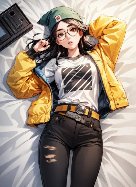 1girl,(adult:1.3),(25 years),(25 years old),(asian girl),(asian face:1.2),,killjoy,green beanie, round glasses, yellow jacket, grey shirt, belt, (black pants:1.2), torn clothes,lay,laying,laying on bed,(from above:1.2),expresionless,masterpiece,extremely detailed CG unity 8k wallpaper, best quality,32k,focus sharp, <lora:killjoy-nvwls-v1-final:0.8>, <lora:add_detail:0.8>,