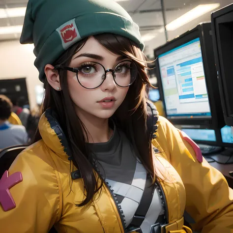 (masterpiece,highres,best quality),1girl,(killjoy,green beanie, round glasses, yellow jacket, grey shirt, medium breasts), BREAK computer_lab <lora:killjoy-nvwls-v1-final:0.8>