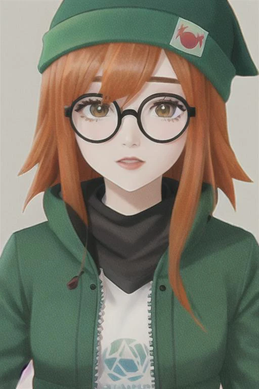 <lora:killjoy-nvwls-v1-final:.7> "killjoy , green beanie, round glasses", orange hair