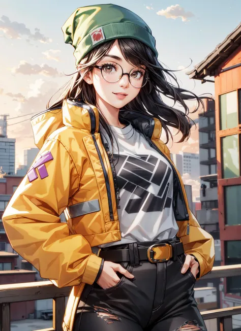 1girl,(adult:1.3),(25 years),(25 years old),(asian girl),(asian face:1.2),,killjoy,green beanie, round glasses, yellow jacket, grey shirt, belt, (black pants:1.2), torn clothes,standing,smile,smiling,(ruins),(hands on pockets),masterpiece,extremely detailed CG unity 8k wallpaper, best quality,32k,focus sharp, <lora:killjoy-nvwls-v1-final:0.8>, <lora:add_detail:0.8>,