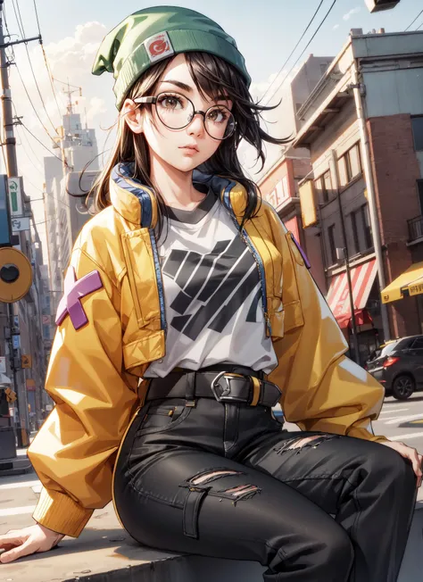 1girl,(adult),older,(asian girl),(asian face:1.2),,killjoy,green beanie, round glasses, yellow jacket, grey shirt, belt, black pants, torn clothes,sit,sitting on ground,bored expression,bored face,bored,looking at viewer,from front side,masterpiece,extremely detailed CG unity 8k wallpaper, best quality,32k,focus sharp, <lora:killjoy-nvwls-v1-final:0.8>, <lora:add_detail:0.8>,