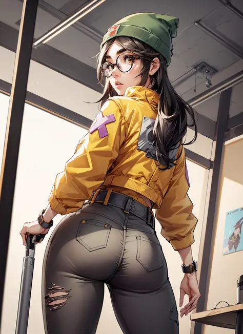 1girl,(adult:1.3),older,(asian girl),(asian face:1.2),,killjoy,green beanie, round glasses, yellow jacket, grey shirt, belt, (black pants:1.2), torn clothes,standing,(from behind:1.3),butt,big butt,big thighs,(from below:1.3),masterpiece,extremely detailed CG unity 8k wallpaper, best quality,32k,focus sharp, <lora:killjoy-nvwls-v1-final:0.8>, <lora:add_detail:0.8>,