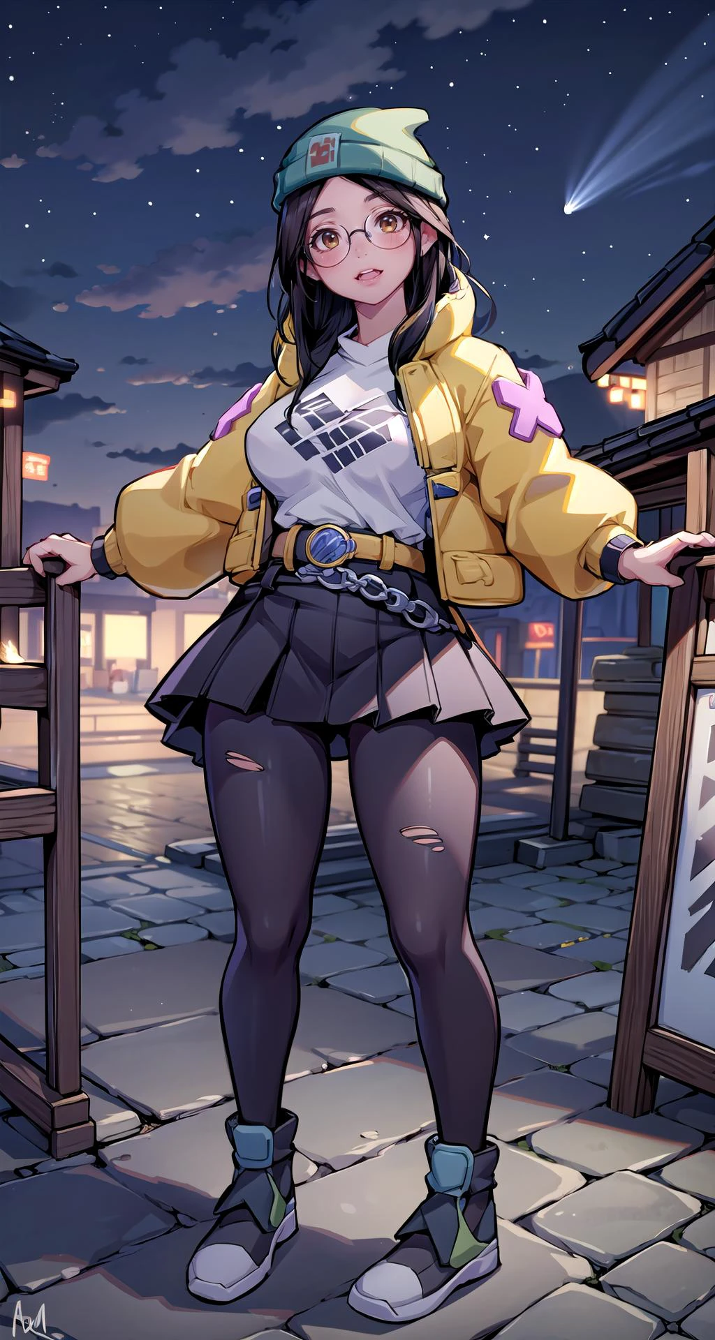 (masterpiece),(intricate details),1girl,mature female,brown eyes,huge breasts,blush:1.3,
BREAK
<lora:killjoy-nvwls-v1:1>,green beanie, round glasses, yellow jacket, grey shirt, belt, black pants, torn clothes, sneakers,pleated skirt,pantyhose,high heels,depth of field,looking at viewer,cowboy shot,((standing on the , Zen_garden,)),((full body)),polka dot panties,laughing,
BREAK
moon,night,meteor,hanabi,bus stop,((cumulonimbus)),from above:1.1