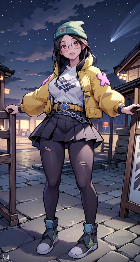 (masterpiece),(intricate details),1girl,mature female,brown eyes,huge breasts,blush:1.3,
BREAK
 <lora:killjoy-nvwls-v1:1>,green beanie, round glasses, yellow jacket, grey shirt, belt, black pants, torn clothes, sneakers,pleated skirt,pantyhose,high heels,depth of field,looking at viewer,cowboy shot,((standing on the , Zen_garden,)),((full body)),polka dot panties,laughing,
BREAK
moon,night,meteor,hanabi,bus stop,((cumulonimbus)),from above:1.1