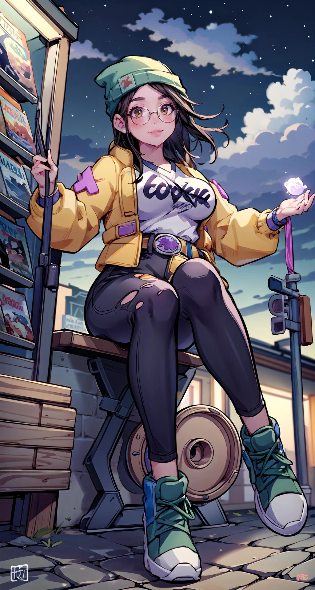 (masterpiece),(intricate details),1girl,mature female,brown eyes,huge breasts,blush:1.3,
BREAK
<lora:killjoy-nvwls-v1:1>,green beanie, round glasses, yellow jacket, grey shirt, belt, black pants, torn clothes, sneakers,pencil skirt,socks,converse,depth of field,looking at viewer,cowboy shot,((sit on the , Comic_book_store,)),((full body)),polka dot panties,smirk,
BREAK
moon,night,meteor,hanabi,bus stop,((cumulonimbus)),from below:1.4