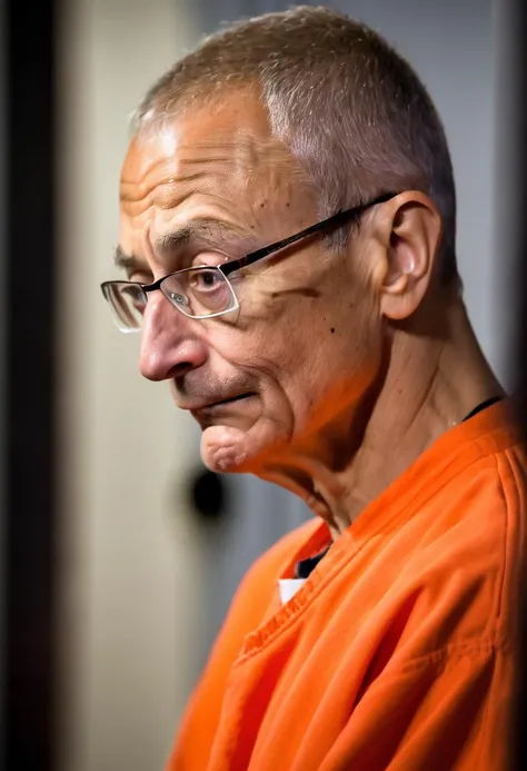 closeup portrait of john podesta crying and wearing an orange jumpsuit in a prison cell, noose hanging in the background <lora:JOHN_PODESTA_XL:0.8>