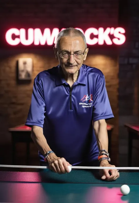 8k photo of john podesta playing pingpong in a dark basement with chains and shackles in the background, neon sign of a comet, neon pizza sign, 8k photograph, highly detailed <lora:JOHN_PODESTA_XL:0.9>