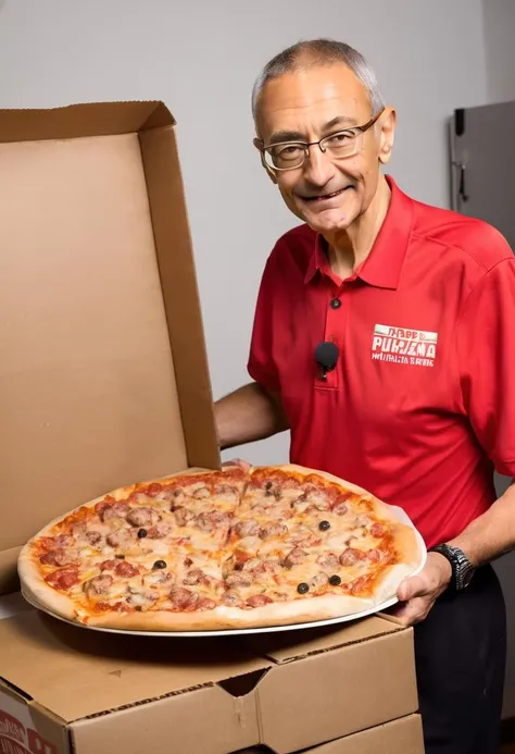 john podesta as a papa john's pizza delivery man holding a large cheese pizza <lora:JOHN_PODESTA_XL:1>