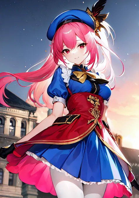 masterpiece,best quality,(((highres))),((an extremely delicate and beautiful)),beautifully detailed sky,light particles,light effect,((high detail)),illustration,
1girl,solo,gloves,hat,smile,long hair,boots,one side up,pink hair,beret,pink eyes,black gloves,black footwear,blue headwear,Blue bow,looking at viewer,short sleeves,pantyhose,standing,dress,red eyes,puffy sleeves,puffy short sleeves,blue dress,skirt,Yellow gemstones,<lora:AGM:1>,