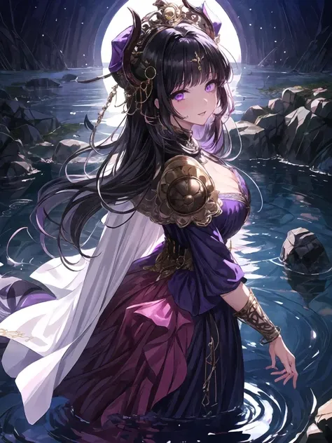 masterpiece,best quality,highres,cinematic lighting,dramatic angle,<lora:ShadowverseNephthysV1-000015:0.8:lbw=jiangshi3>,1girl,black hair,purple eyes,looking at viewer,long hair,purple dress,cleavage,hair ornament,crown,feathers,shoulder armor,gold trim,cross-laced bracelet,capelet,from behind,turning head,blush,parted lips,shaded face,glowing eyes,evil smile,standing in liquid,wading,half in water,rocks,black dark water,solar eclipse,wet,see-through,hitodama, soul flame,<lora:flat2:-0.25>