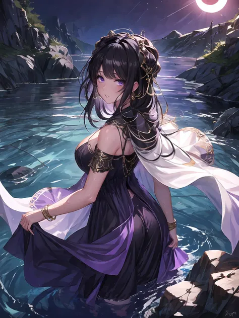 masterpiece,best quality,highres,cinematic lighting,dramatic angle,<lora:ShadowverseNephthysV1-000015:0.8:lbw=jiangshi3>,1girl,black hair,purple eyes,looking at viewer,long hair,purple dress,cleavage,gold trim,bracelet,capelet,from behind,turning head,blush,shy,embarrassed,parted lips,standing in liquid,wading,half in water,rocks,black dark water,solar eclipse,wet,see-through