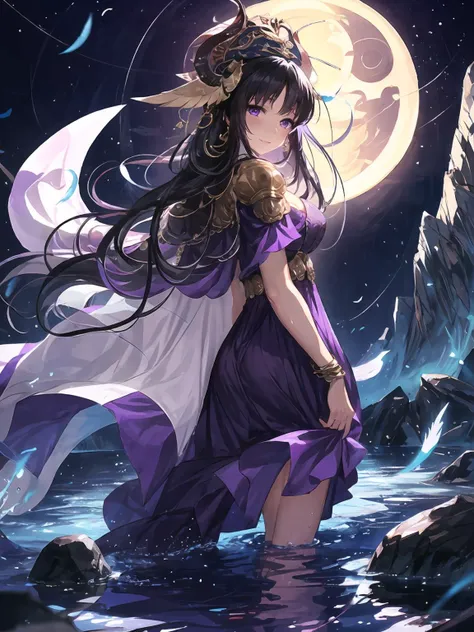 masterpiece,best quality,highres,cinematic lighting,dramatic angle,<lora:ShadowverseNephthysV1-000015:0.8:lbw=jiangshi3>,1girl,black hair,purple eyes,looking at viewer,long hair,purple dress,cleavage,hair ornament,crown,feathers,shoulder armor,gold trim,cross-laced bracelet,capelet,from behind,turning head,blush,shy,embarrassed,smile,standing in liquid,wading,half in water,rocks,black dark water,eclipse,solar eclipse,wet,see-through,hitodama, soul flame