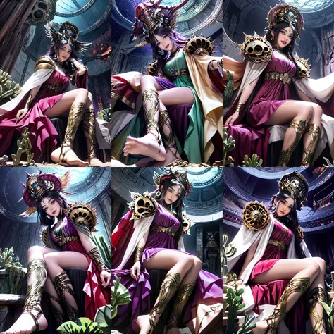 (otherworldly, otherworldly atmosphere, otherworldly appearance), highly insanely detailed, masterpiece, top quality, best quality, highres, 4k, 8k, RAW photo, collar, earrings, jewelry, necklace, armlet,
(long_hair, long hair, random colors cloth, random colors hair, random long hair, dynamic hair, glowing hair, hair over one eye),
(eyelashes, eyeliner, eyeshadow, eyelashes),
pink lipstick,
makeup,
((ancient egyptian theme)), golden ornaments,
1girl, (portrait:0.4), nsfw,
((desert, Mexico, cacti, underwater)),
a grove of mechanical trees swaying to the rhythm of coded breezes, (tranquil:0.6), (serene:0.5),
long messy hair,
1girl, (from above),
cinematic lighting, dramatic angle, 1girl, <lora:ShadowverseNephthysV1-000015:0.8:lbw=forte>, black hair, very long hair, jewelry, purple and red dress, purple eyes, looking at viewer, smile, crown, pelvic curtain, cleavage, capelet, shoulder armor, beads, jewelry, head tilt, feathers, green and purple fire, close-up, arm support, one hand on own cheek, portrait, soul flame, parted lips, glowing eyes, depth of field, bracelet, sitting on chair, skulls, legs crossed, gold footwear, bare feet, wine, (from below:1.3), (foot focus:1.2), (depth of field:1.3), (fantasy world)