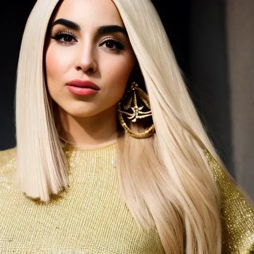 a Realistic portrait of a ava max woman with brown eyes, looking at the viewer, detailed face, detailed eyes, (smiling showing teeth:1.1), perfect slim body, modelshoot style, hand on own shoulder, wearing a red sweater with long sleeves, wearing gold earrings and jewelry, soft lighting, professional Photography, Photorealistic, detailed, standing in a dark Studio Room background, blurred background, RAW, analog, sharp focus, 8k, HD, DSLR, high quality, Fujifilm XT3, film grain, award winning, masterpiece <lora:ava max v1.4:1>