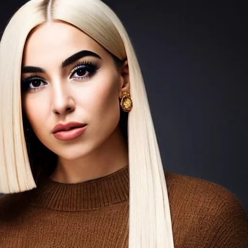 a Realistic portrait of a ava max woman with brown eyes and blonde hair, looking at the viewer, detailed face, detailed eyes, smiling, perfect slim body, modelshoot style, wearing a sweater, wearing gold earrings and jewelry, soft lighting, professional Photography, Photorealistic, detailed, standing in a dark Studio Room background, blurred background, RAW, analog, sharp focus, 8k, HD, DSLR, high quality, Fujifilm XT3, film grain, award winning, masterpiece <lora:ava max v1.4:1>
