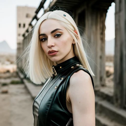 RAW photo, a close up portrait photo of ava_max in wastelander clothes, thin pursed lips , long haircut, pale skin, slim body, background is city ruins, (high detailed skin:1.2), 8k uhd, dslr, soft lighting, high quality, film grain, Fujifilm XT3 <lora:ava_max v1.1:0.7>