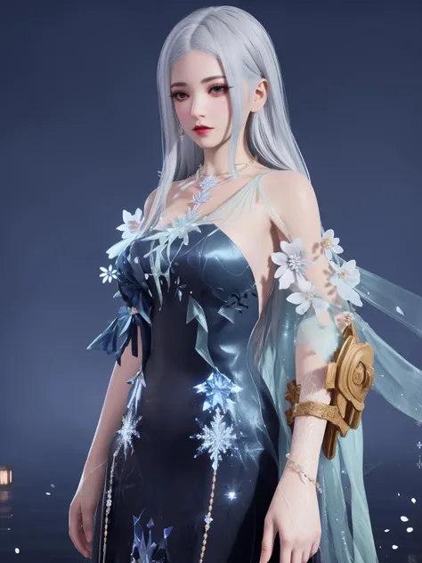 <lora:yjwjJYYguanshanhaidongshen_20230728140009:0.8>,1girl, dress,jewelry, necklace, snowflakes, bare shoulders, cityscape, night, looking at viewer, mature female, flower,multicolored clothes, cowboy shot, trim,crystal, gradient, cowboy shot,