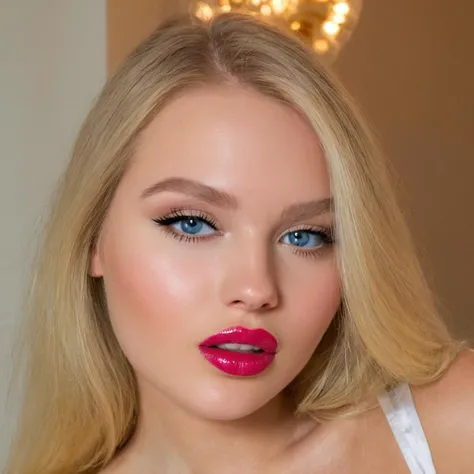 EuroBabe, Eastern, blonde, lipstick, makeup, sharp detailed perfect eyes, blue eyes, detailed skin, sunny, cleavage, Amsterdam