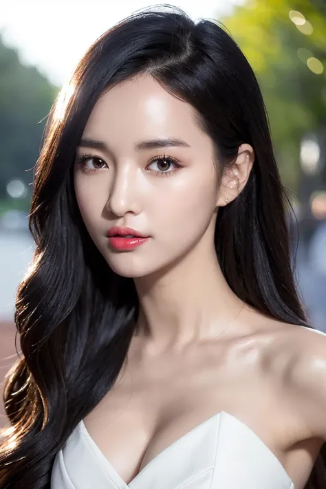 best quality,masterpiece,(photorealistic:1.4),raw photo,(Authentic skin texture_1.3),1girl,solo,black eyes,long hair,black hair,(half body:1.4),(medium breasts:1.2),(slender:1.2),outdoors,