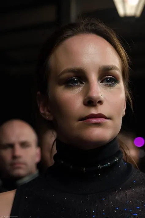 close up of a beautiful caucasian woman, b3ll4r, perfect face, sad eyes, tired, looking at viewer, downtown at night, iridescent gold turtleneck, people in the background, facial focus, sharp focus, raw photo, 8k uhd