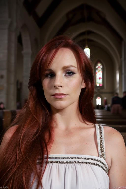 a beautiful caucasian woman, b3ll4r, facial focus, perfect face, stunning eyes, looking at viewer, in a crowded church, simple white dress, long red hair, people in the background, sharp focus, raw photo, 8k uhd