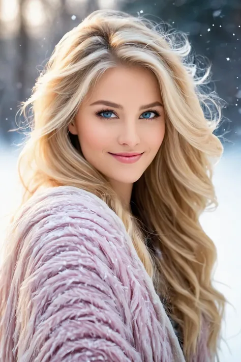 (best quality, 4k, 8k, highres, masterpiece:1.2), ultra-detailed, (realistic, photorealistic, photo-realistic:1.37), portrait, beautiful and smiling caucasian woman, cinematic, winter clothes, Ondas e Nuances, detailed symmetric hazel eyes, circular iris, vivid colors, winter scenery, soft snowflakes falling, icy breath, rosy cheeks, pure white background, subtle warm lighting, innocence and radiance, sparkling eyes, joyful expression, luxurious fur trim on the clothing, frosty winter air, subtle wind blowing through her hair, subtle hint of pink in her lips, elegant posture, confident stance, delicate snowflakes decorating her hair, long flowing blonde hair, wonder and serenity in her gaze, captivating beauty, snow-covered trees in the background, peaceful and enchanting winter scene.
