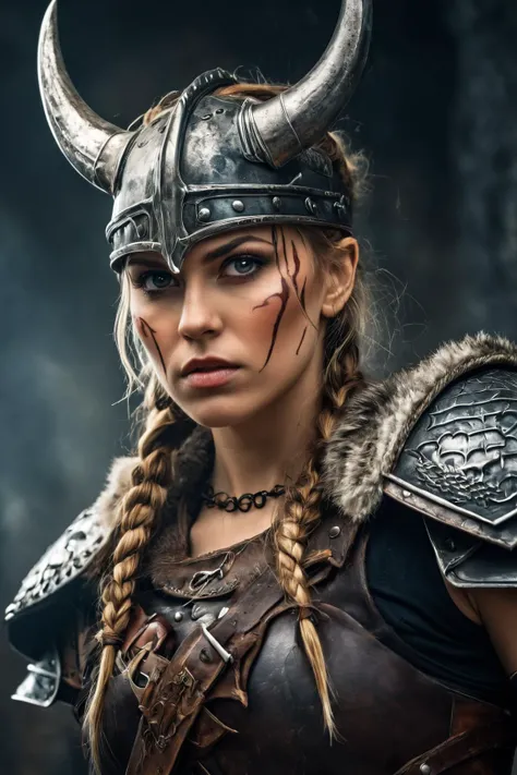 (a fierce viking warrior with a fierce expression, wearing leather armor and a horned helmet), beautiful detailed eyes, beautiful detailed lips, extremely detailed eyes and face, warrior attitude, grim and strong appearance, strong and muscular build, standing confidently in a dramatic pose, holding a battle axe raised high, brandishing an intimidating sword, powerful presence, strong and determined facial expression, scars and battle wounds on her face, viking-inspired tattoos covering her arms and body, a tattoo of a dragon on her neck, cinematic lighting and composition, dramatic shadows and highlights, photorealistic textures and details, realistic and vibrant colors, vivid backgrounds and landscapes, highly detailed hair and braid styles, masterpiece quality and resolution, powerful and cinematic atmosphere, creating a sense of awe and intimidation.