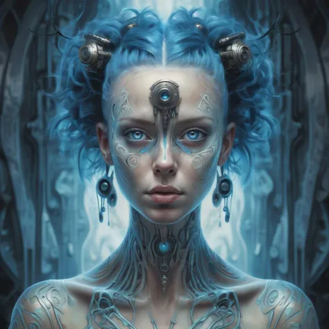 Hr giger tattooed sexy seductive dead girl, perfect face, hyper detailed neon sapphire eyes, full body view,