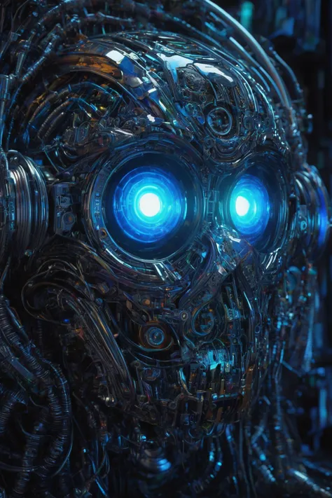 best quality, 8k, ultra-detailed, realistic:1.37, vibrant metallic silver, vivid shading, breathtaking portrait of a huge mechanical sentient computer, cameras for eyes, internal components exposed, intricate details, otherworldly texture, intricate complexity, surreal horror atmosphere, dark shadows, inverted neon rainbow drip paint, ethereal glow, hypnotic energy, transcendent beauty, mystical aura, octane render, futuristic, complexity and chaos