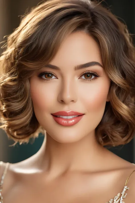 (best quality,4k,8k,highres,masterpiece:1.2),ultra-detailed,(realistic,photorealistic,photo-realistic:1.37),beautiful woman, elegant face, short wavy bob hair, huge boobs, graceful posture, radiant beauty, flawless skin, expressive eyes, luscious lips, captivating smile, fashionable attire, confident demeanor, refined features, exquisite details, enchanting presence, alluring charm, elegant expression, perfect proportions, mesmerizing gaze, sophisticated style, delicate features, feminine grace, natural elegance, timeless beauty, delicate contour, graceful movement, gentle curves, sensual appeal, vibrant personality, undeniable allure, stunning captive, breathtaking beauty, empowering confidence