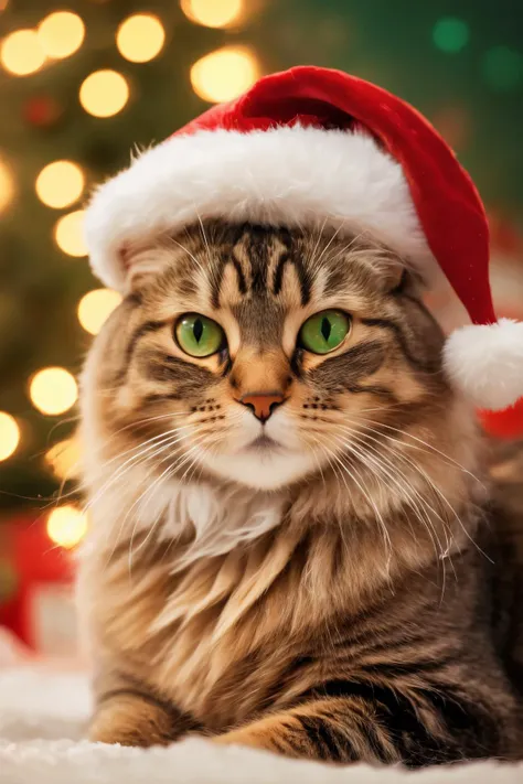 (best quality, realistic), cat, santa hat, cinemas theme, soft fur, fluffy whiskers, playful expression, curious eyes, cozy winter atmosphere, ornamental details, delicate snowflakes, sparkling lights, joyful colors, memorable moment, artistic composition, professional artwork, seasonal charm, warm holiday vibes, colorful decorations, eye-catching backdrop, vibrant red and green tones, soft and magical lighting, happy and festive ambiance, theatrical elements, detail-rich painting, vivid and lifelike image, enchanting holiday spirit, cherished memories, heartwarming scene